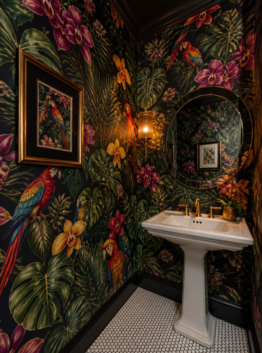 Jewel-tone jungle wallpaper in charcoal-ground powder room
