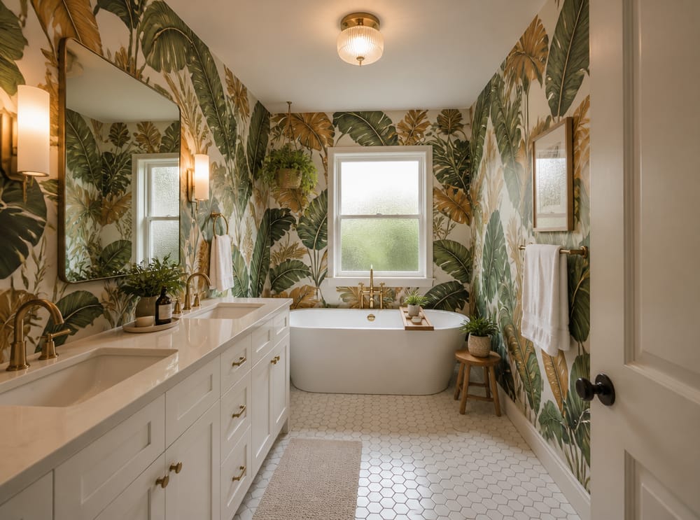Botanical leaf print wrapping all four walls