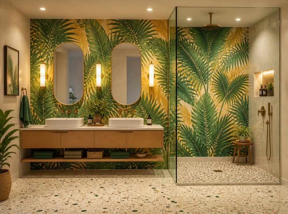 Tropical palm wallpaper visible inside open shower