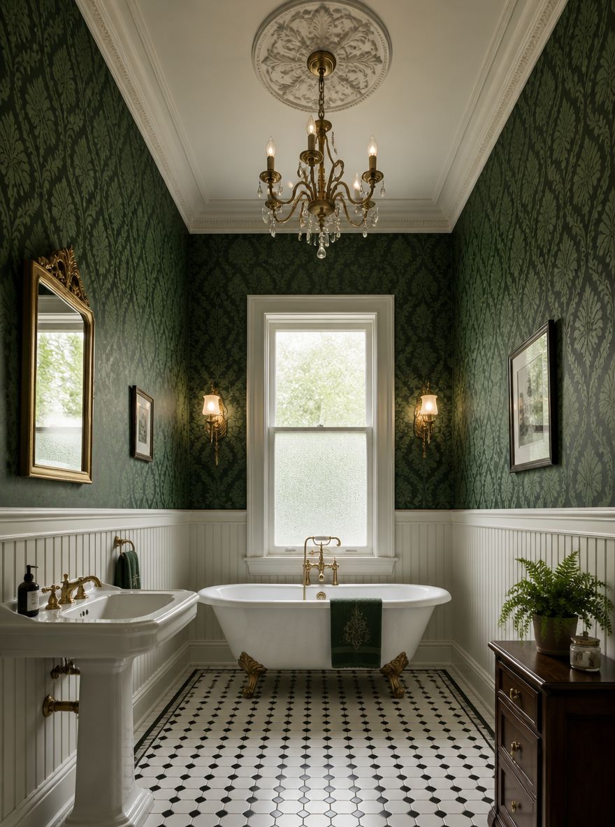 Dark damask above beadboard, Victorian bathroom
