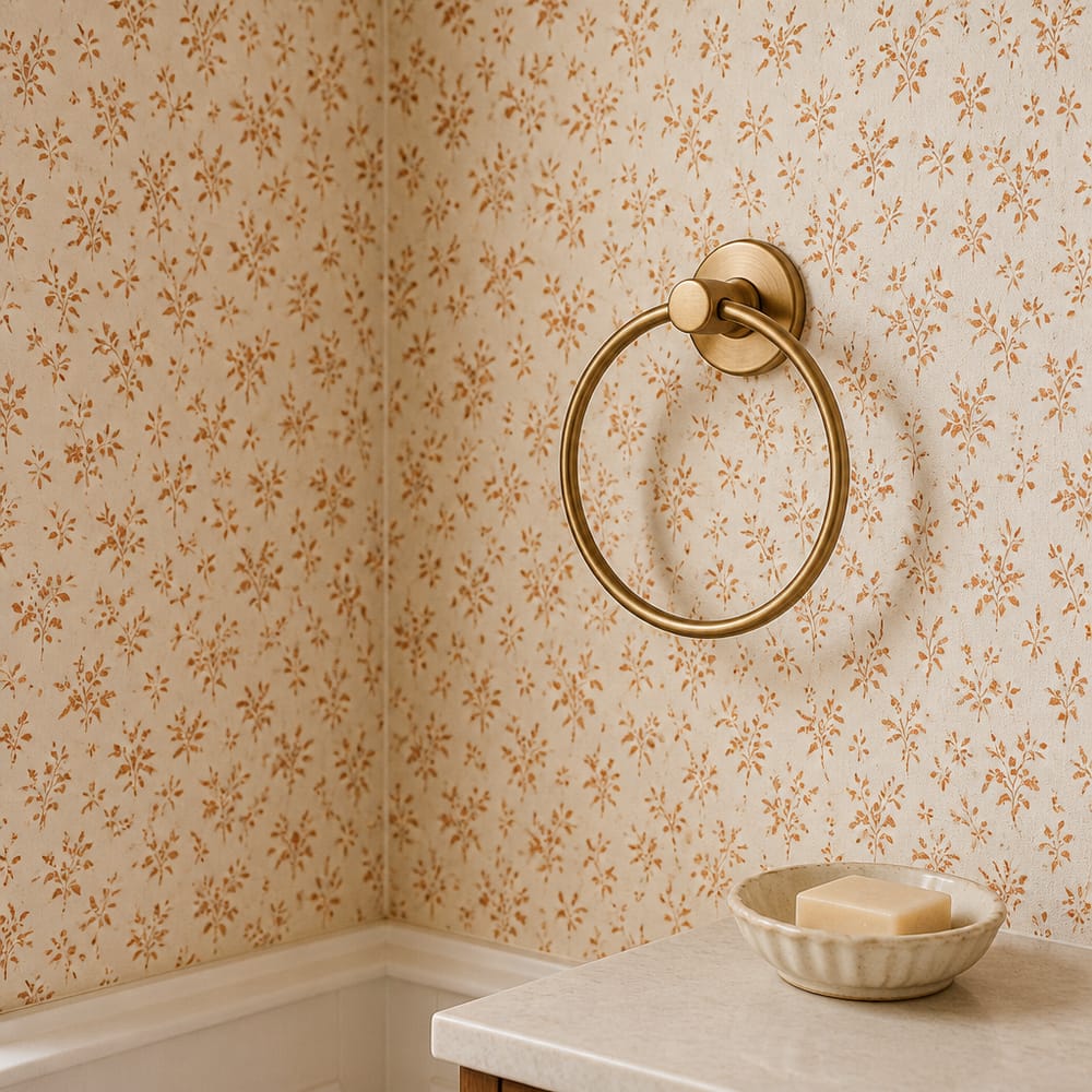 Ditsy floral at corner junction, brass towel ring