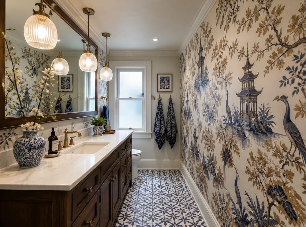 Chinoiserie wallpaper on long wall, galley bathroom