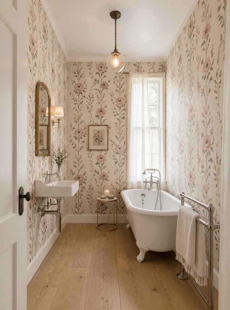 Watercolor florals covering every wall, clawfoot tub