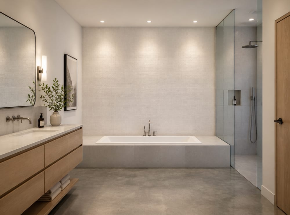 Embossed linen-texture wallpaper behind sunken tub