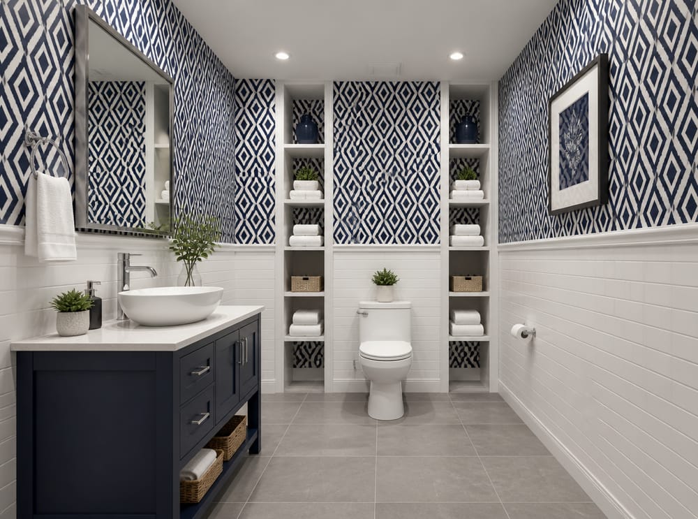Navy diamond wallpaper as toilet wall accent