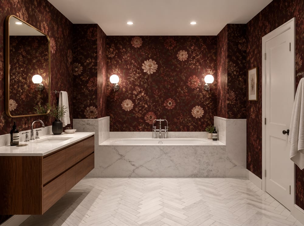 Burgundy floral wallpaper in bathtub alcove