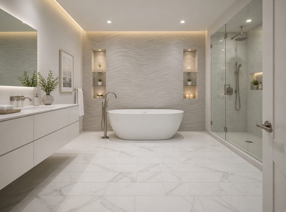 Tone-on-tone wave wallpaper behind oval freestanding tub