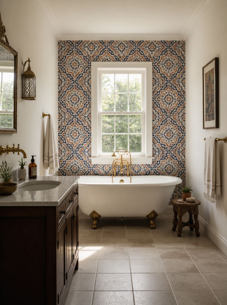 Moroccan tile-print wallpaper framing back window wall
