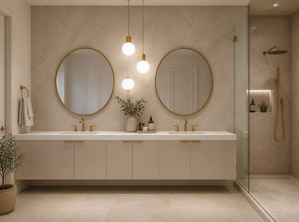 Greige feather-pattern wallpaper behind double vanity