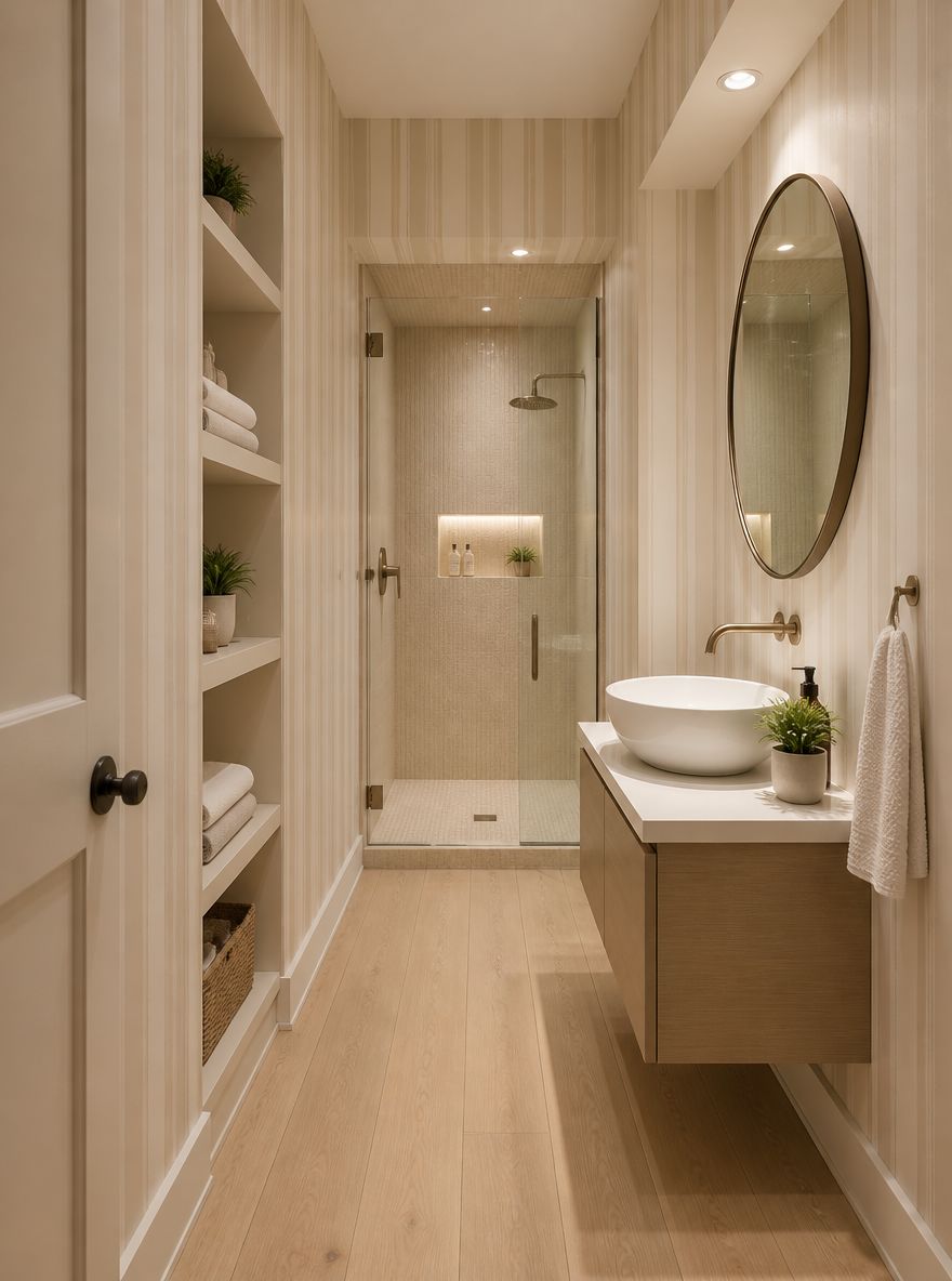 Matte-satin cream stripe wallpaper, narrow en-suite