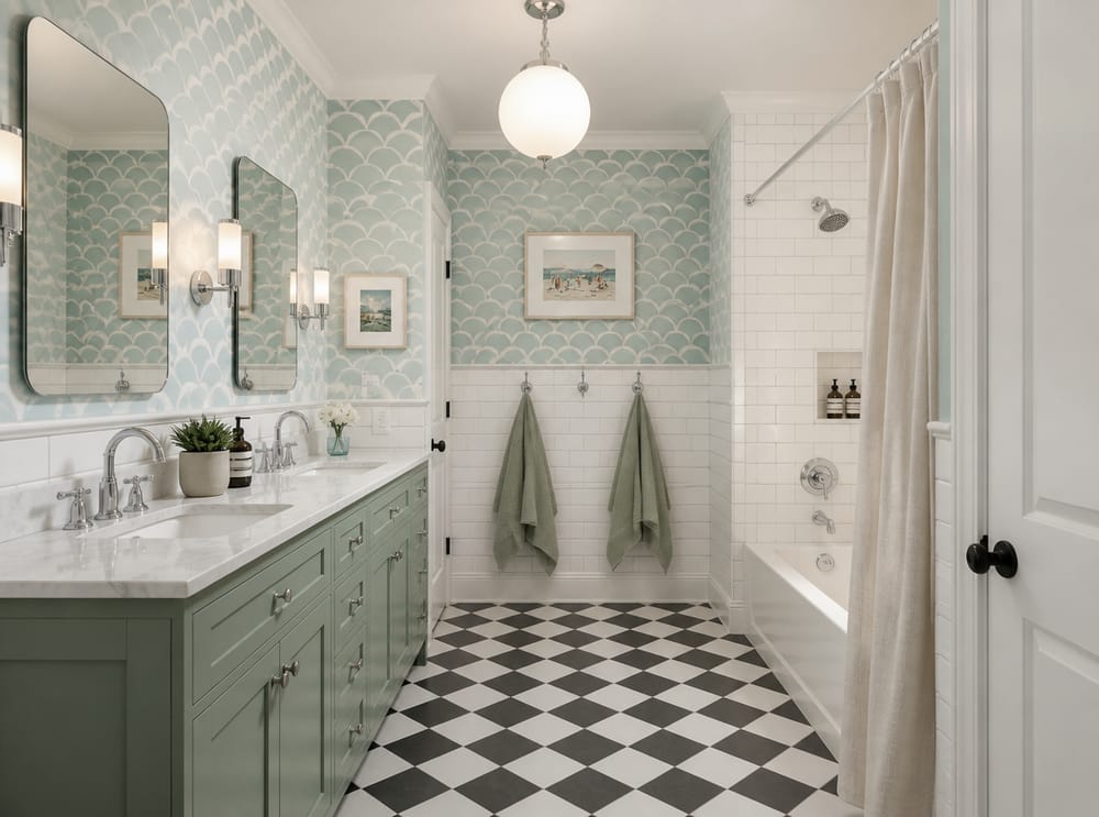 Teal scallop wallpaper above subway tile wainscoting