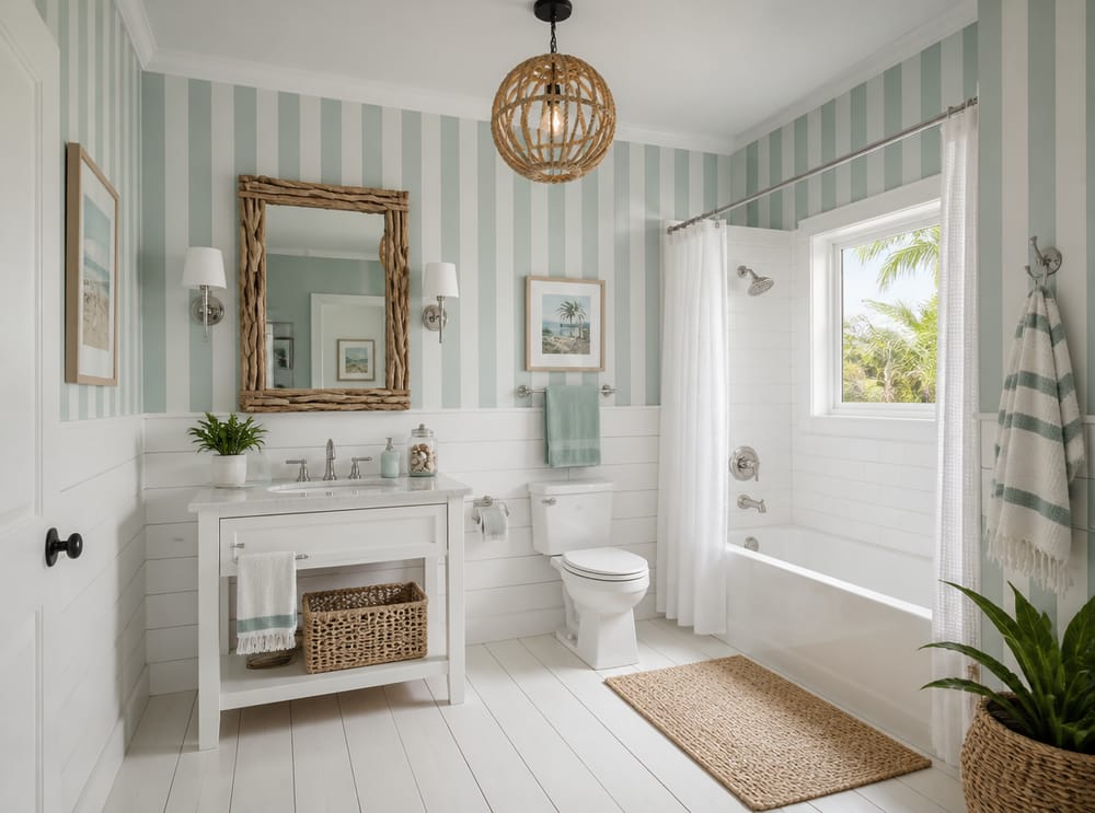 Seafoam stripe above shiplap, coastal bathroom