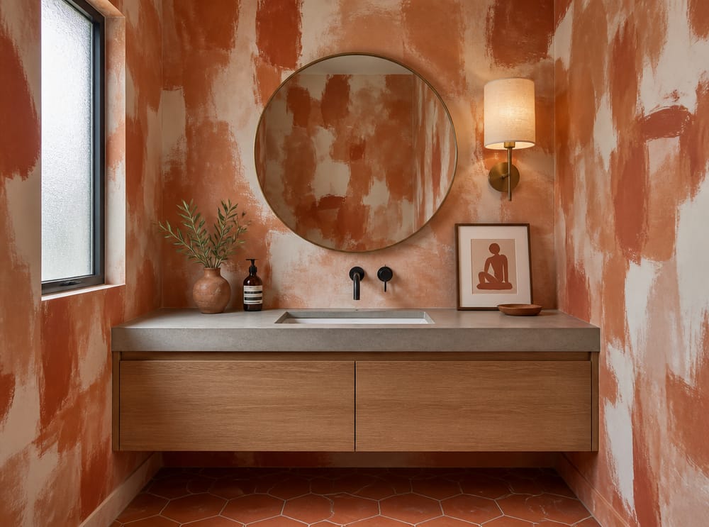 Abstract painterly terracotta wallpaper, powder room