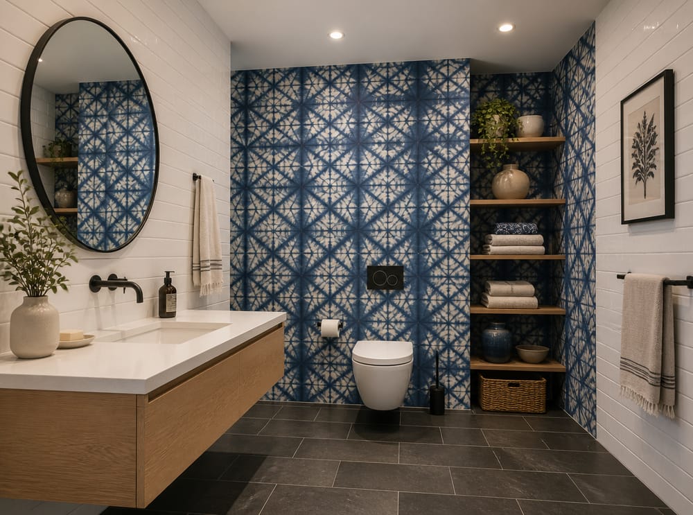 Indigo shibori wallpaper wrapping toilet and side wall