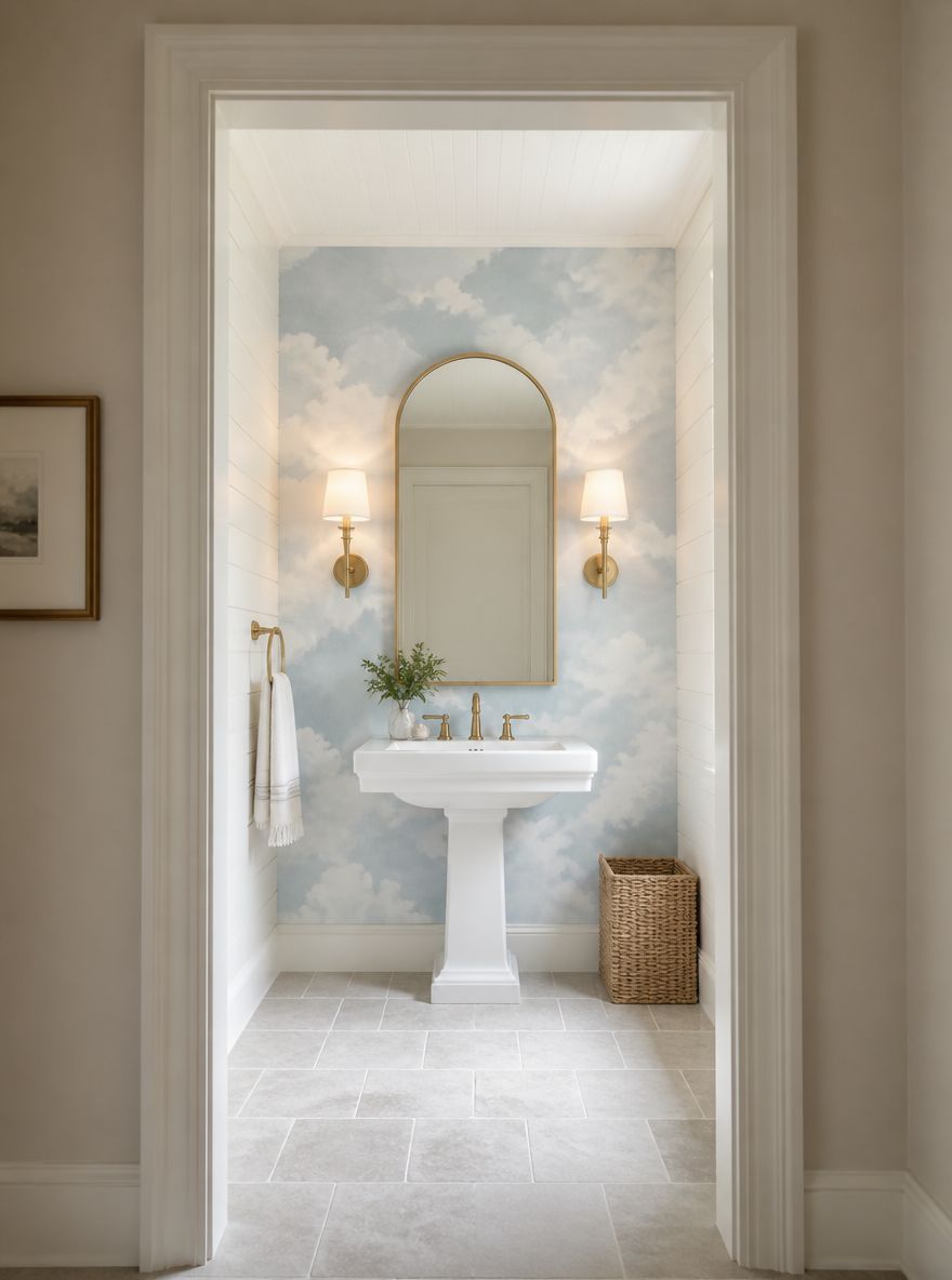 Watercolor cloud wallpaper framed by doorway view