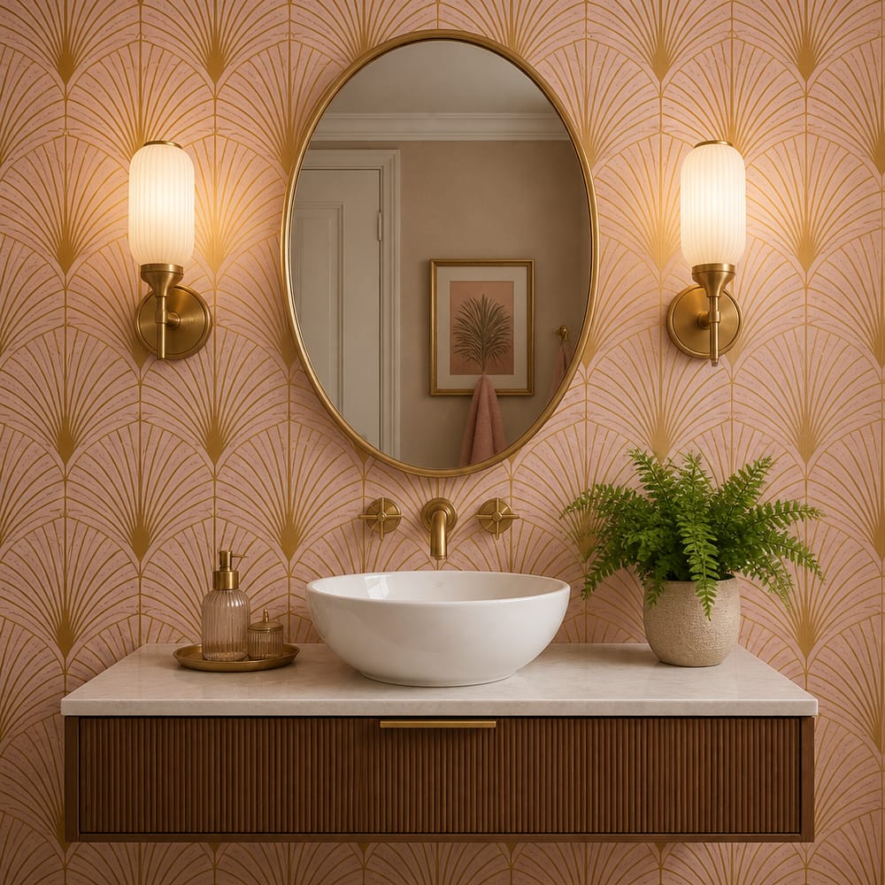 Art Deco fan wallpaper behind vessel sink vanity