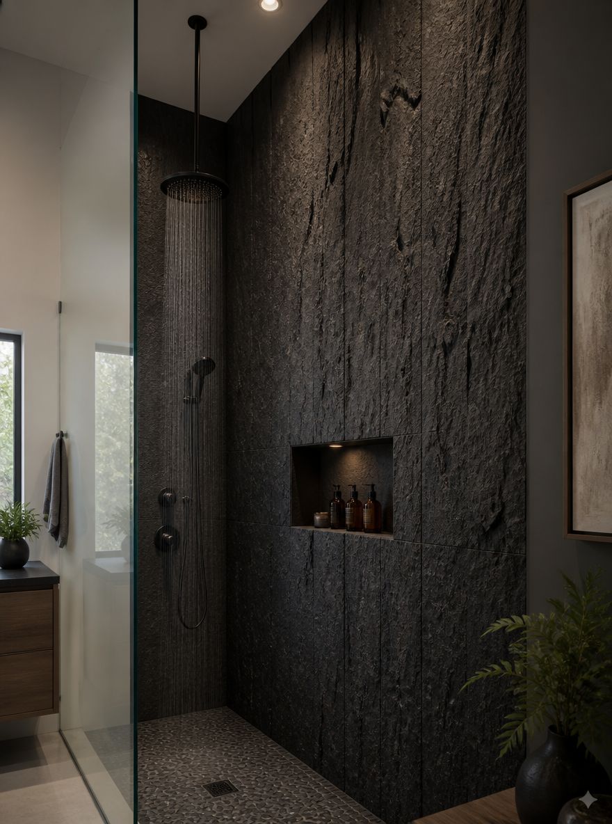 Charcoal stone-effect wallpaper behind walk-in shower