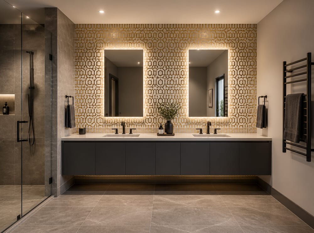 Metallic gold hexagon wallpaper behind grey vanity