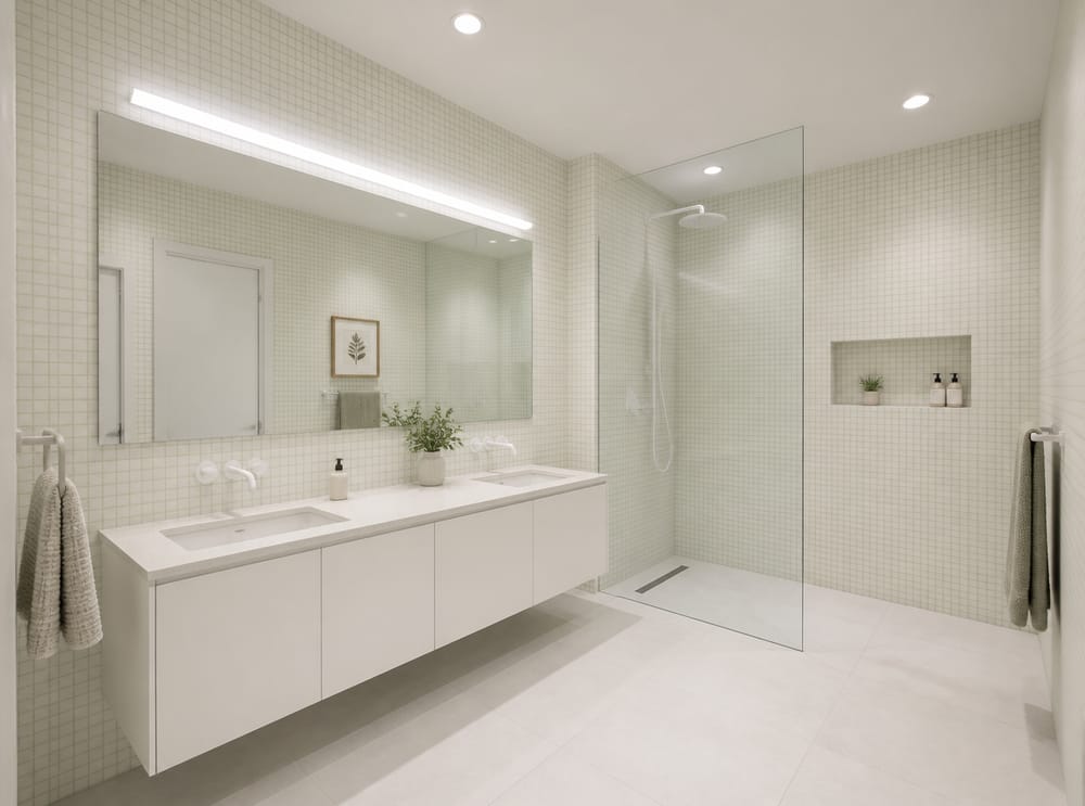 Fine sage grid wallpaper, minimal modern bathroom