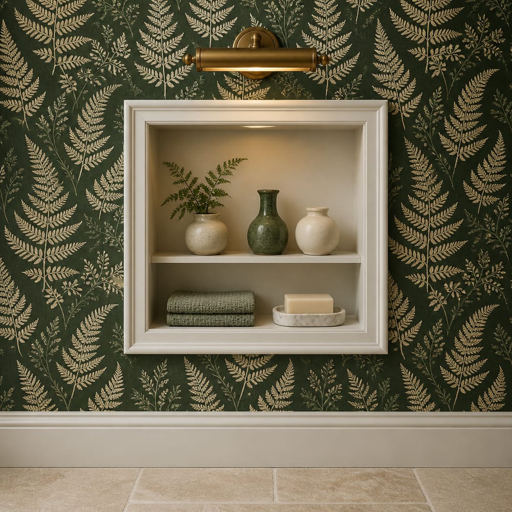 Fern-print wallpaper framing built-in bathroom niche