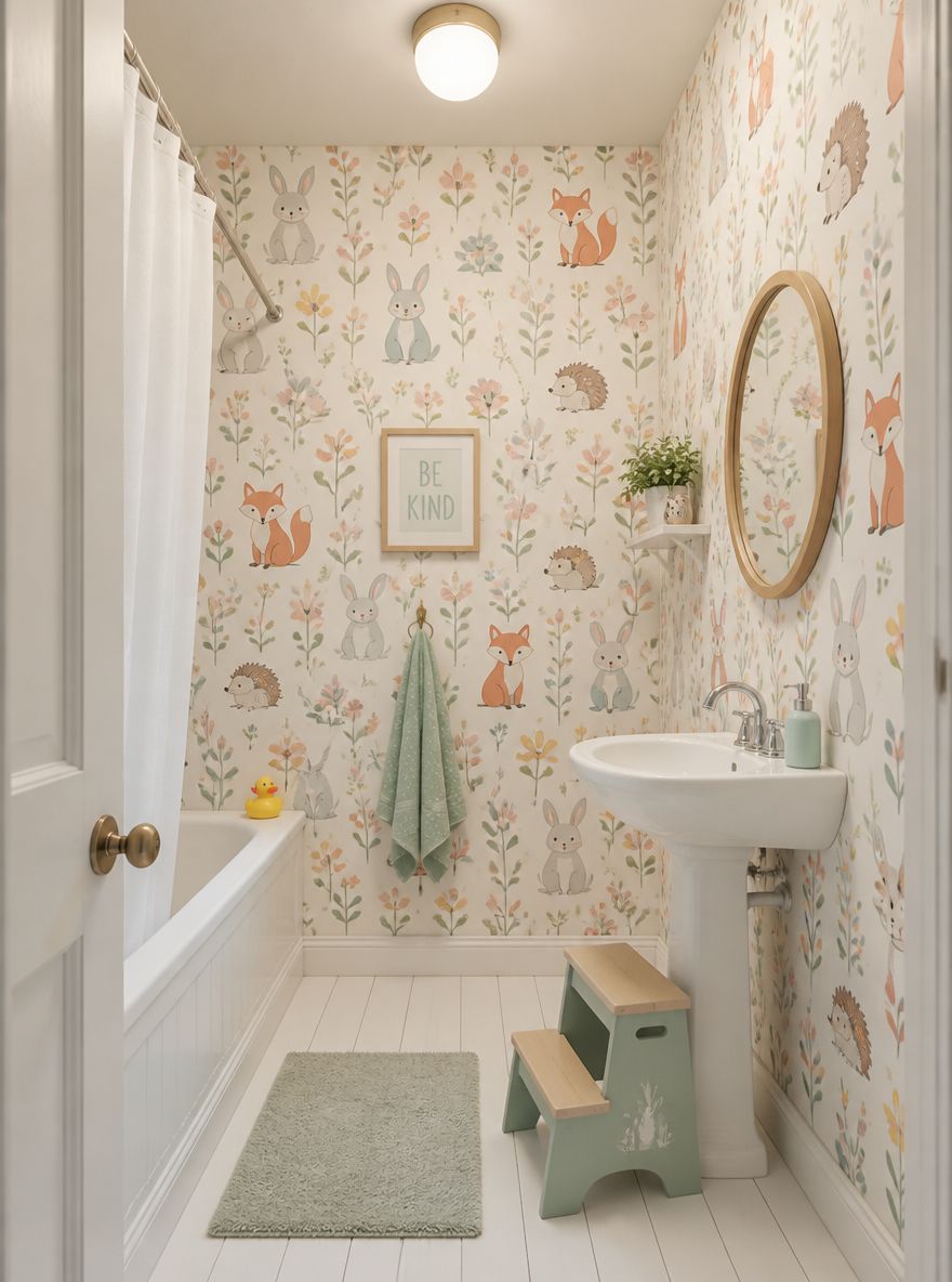 Illustrated animal wallpaper, children's full bathroom