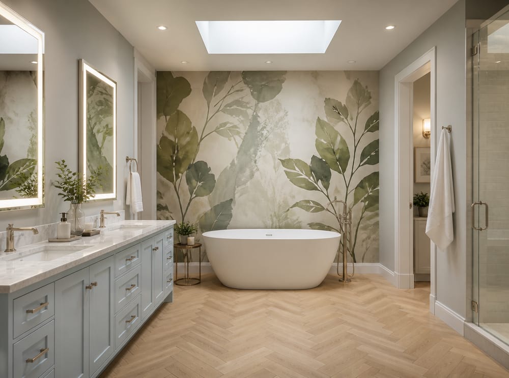 Large-scale botanical wallpaper opposite double vanity