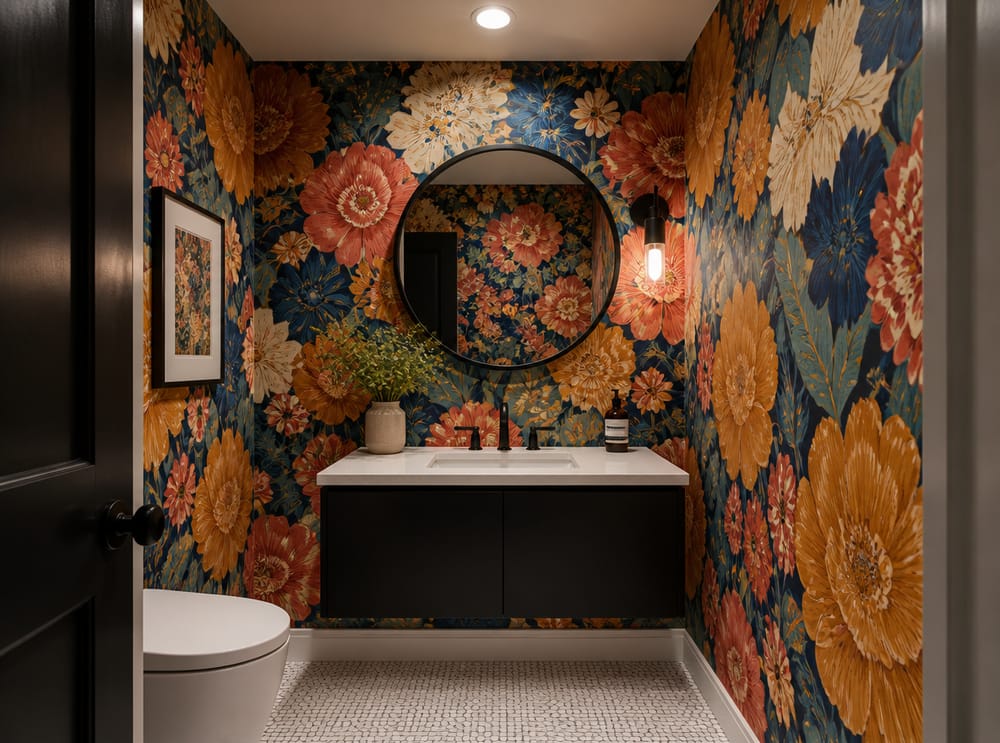 Oversized floral wallpaper filling compact bathroom walls