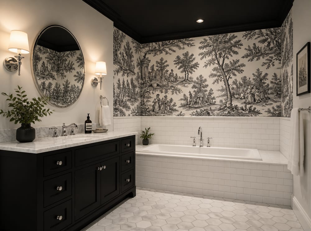 Black and white toile above bathtub tile surround