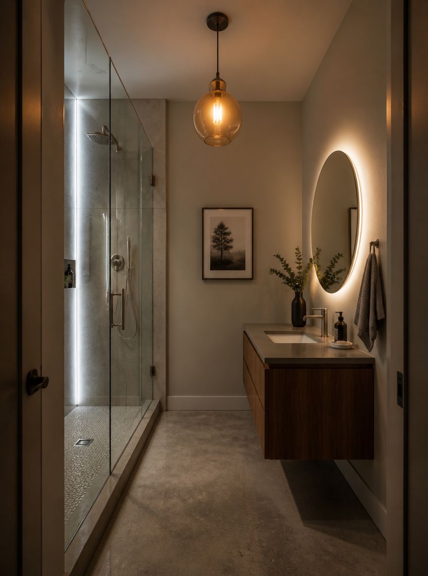 Vertical LED strip lighting in shower enclosure
