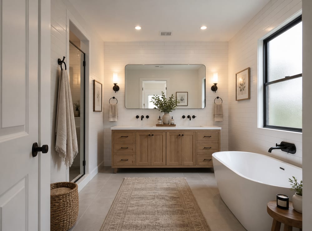 Double vanity with sconces at eye level