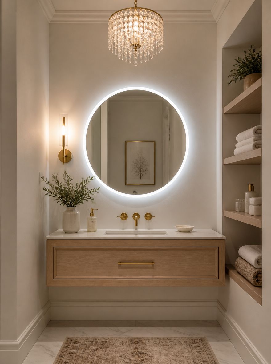 Halo LED mirror with side sconce pairing