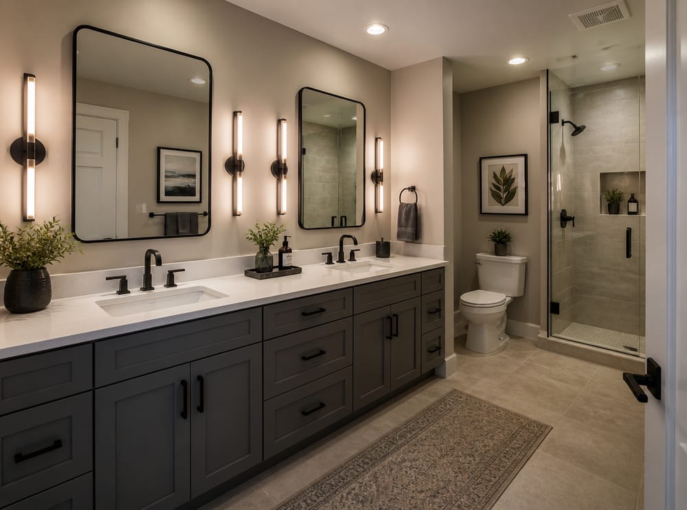 Bar sconces flanking side-by-side mirrors