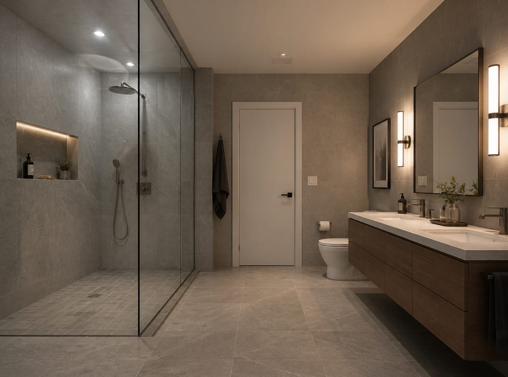 Recessed shower lights against ambient room glow