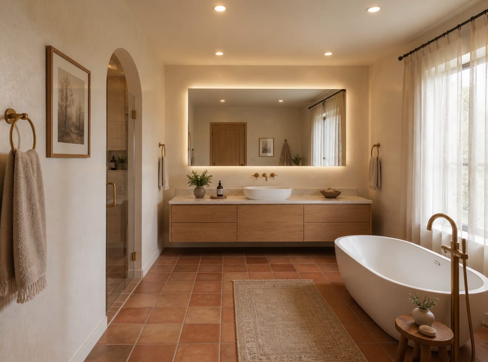 Backlit mirror spanning full vanity width