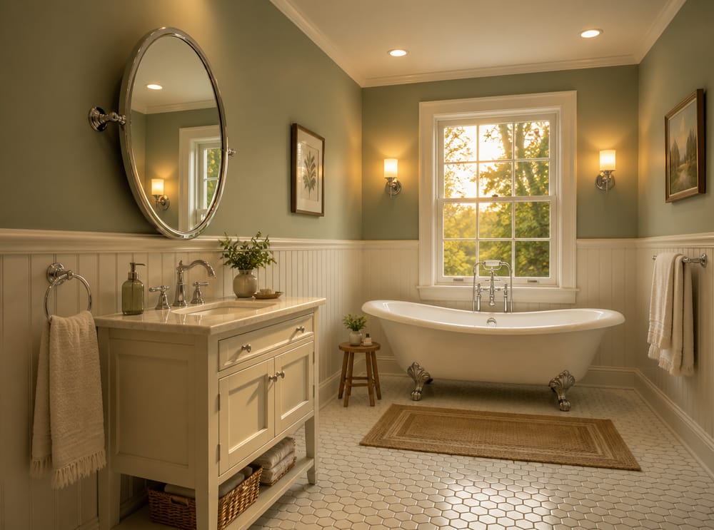 Clawfoot tub framed by window sconces