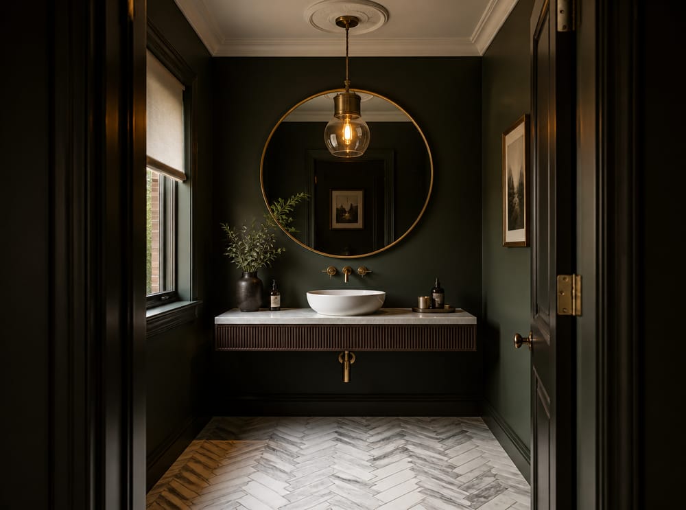 Statement pendant over powder room vanity