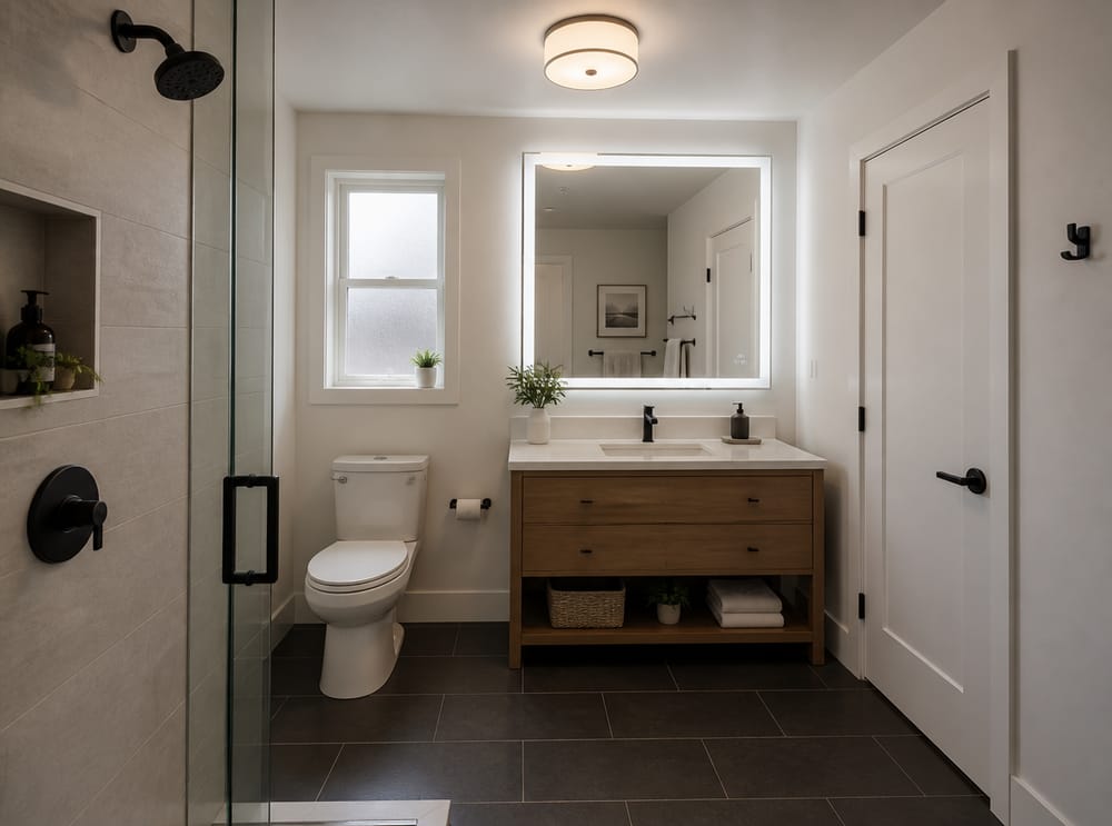 Perimeter LED mirror in compact bathroom layout