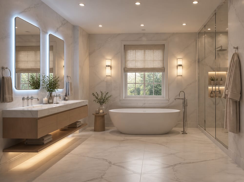 Freestanding tub with flanking window sconces