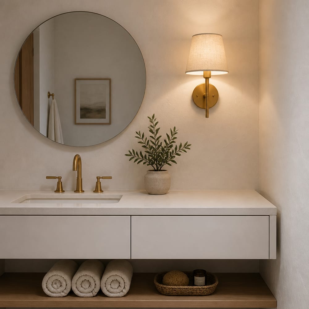 Linen-shade sconce beside round vanity mirror
