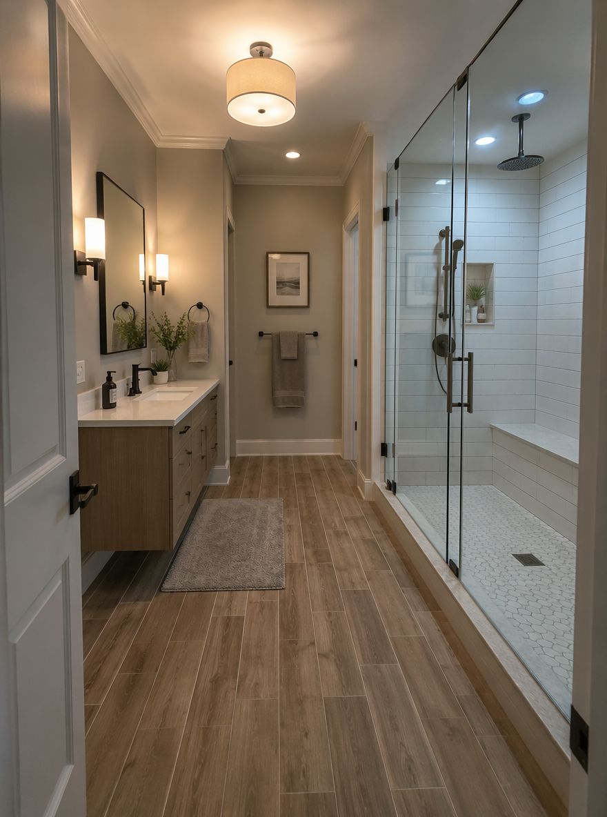 Walk-in shower with recessed ceiling lights