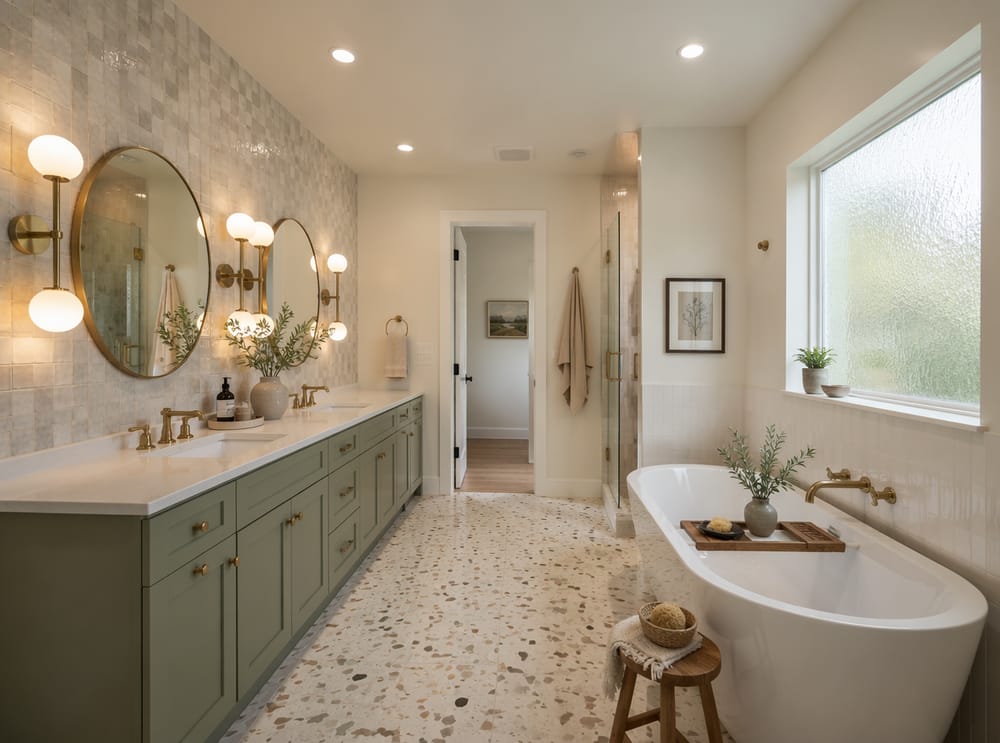 Globe sconces paired with round mirrors