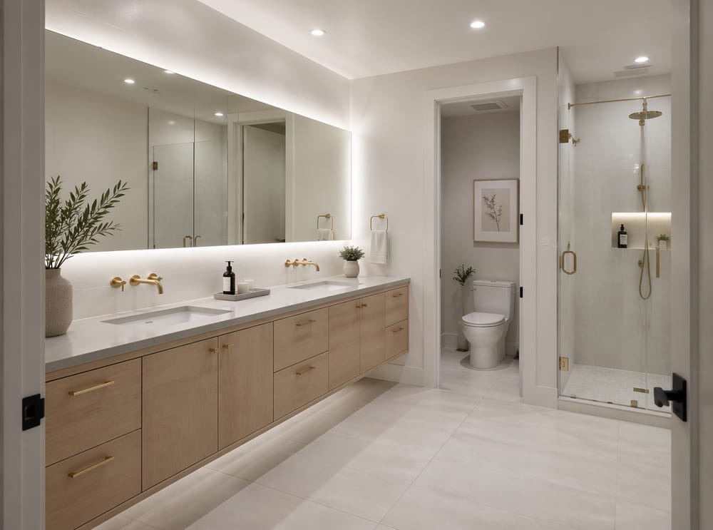 Continuous backlit mirror along full vanity wall