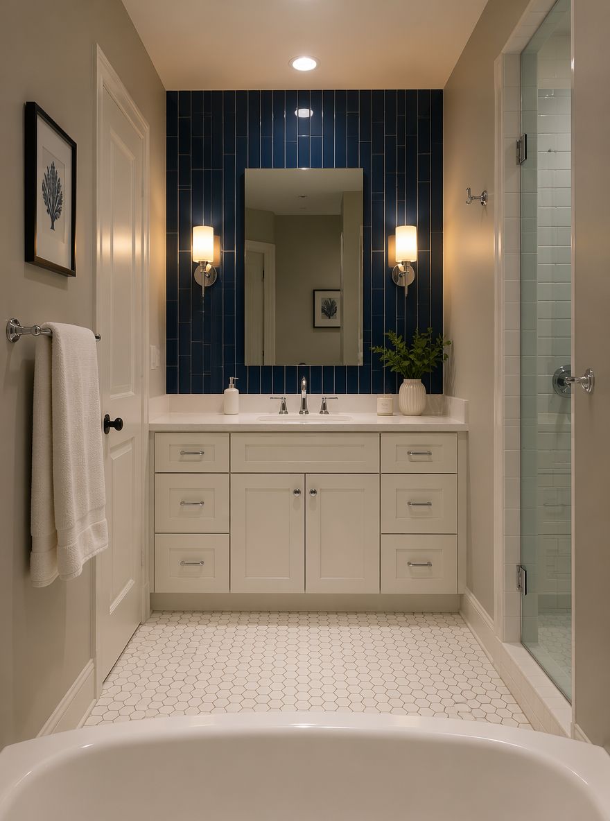 Sconces flanking mirror on tiled accent wall