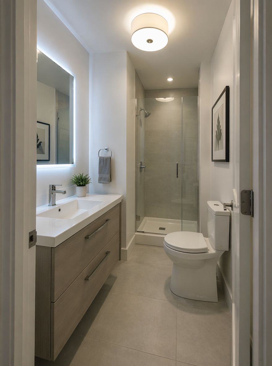 LED backlit mirror in compact vanity niche
