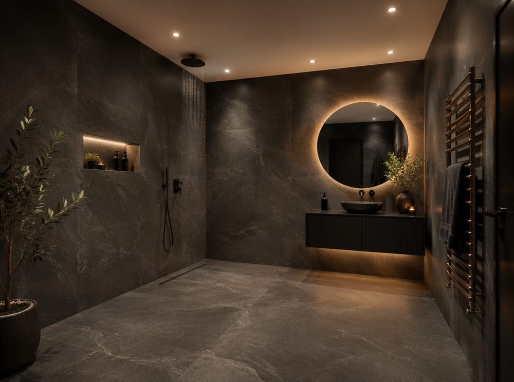 Wet room with ceiling rain showerhead and recessed lights