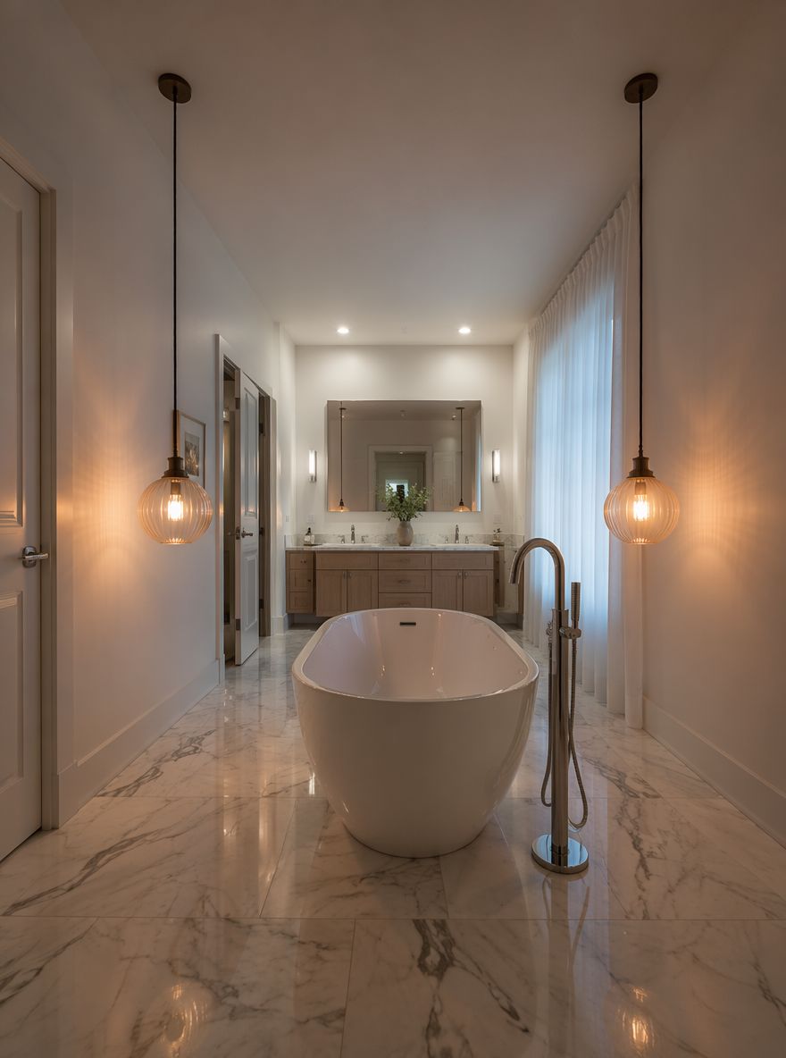 Pendant lights flanking freestanding tub center