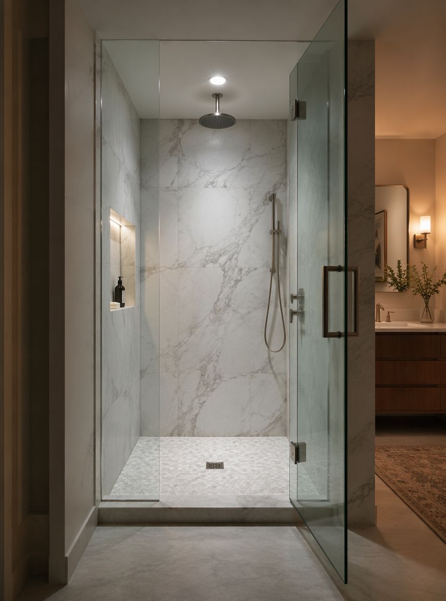 Glass shower with recessed ceiling light inside