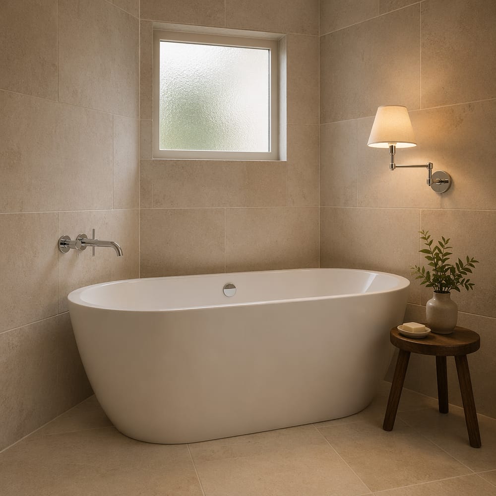 Swing-arm sconce beside freestanding tub corner