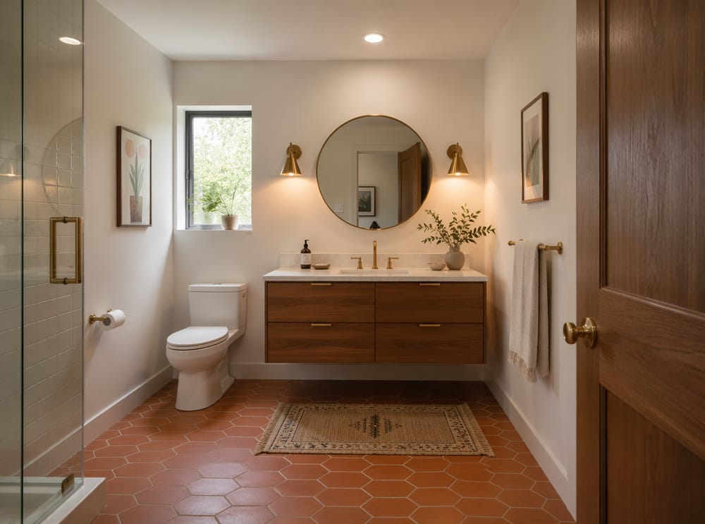 Cone-shaped sconces flanking round walnut vanity mirror
