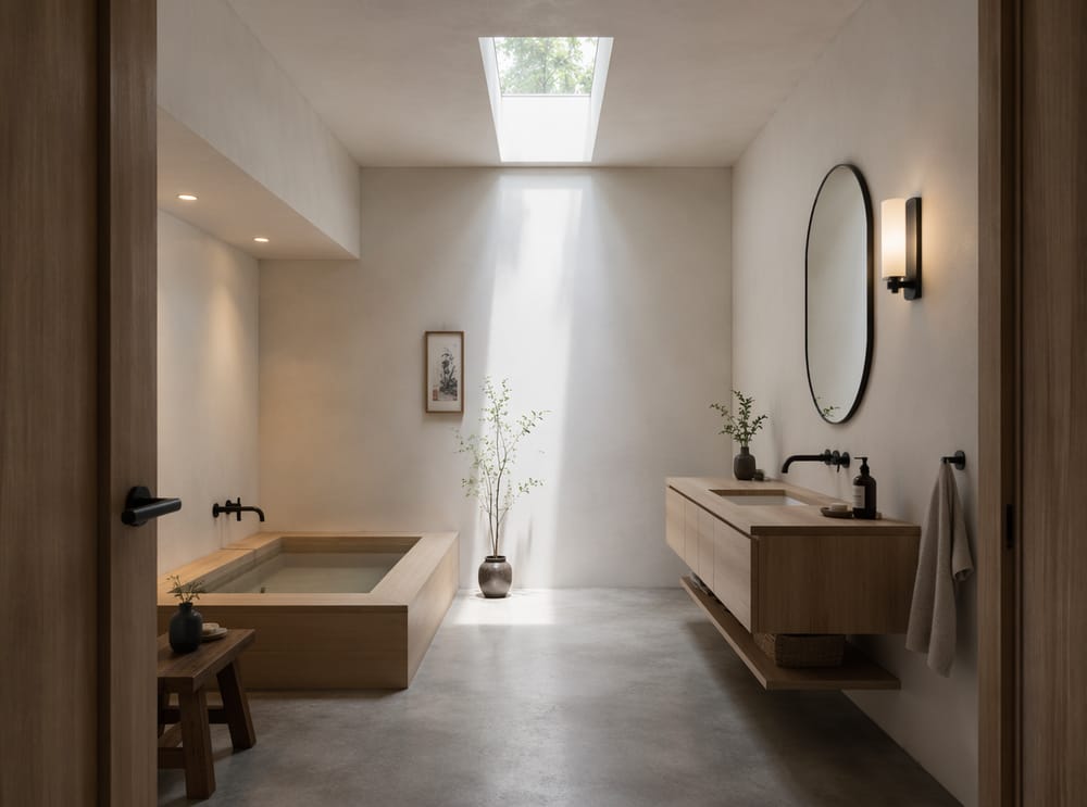 Sunken tub beneath skylight with recessed fill